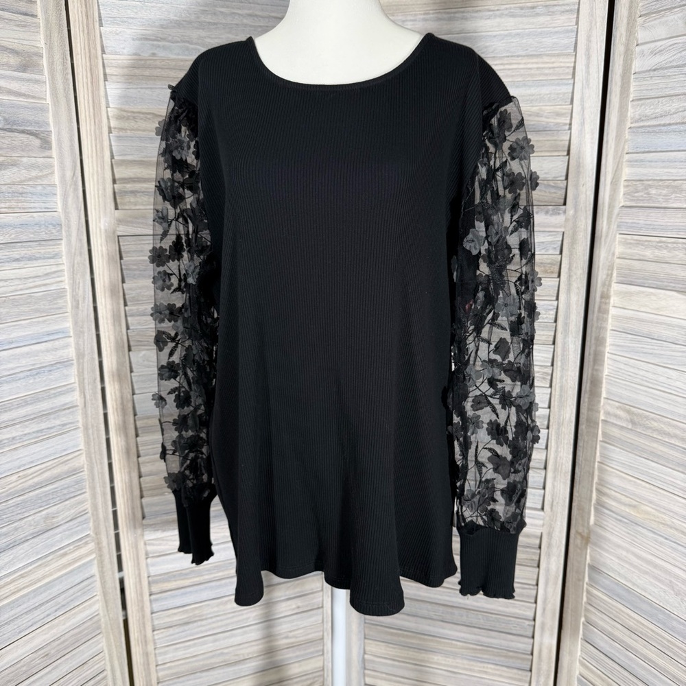 Cynthia Rowley Black Sweater Mesh Sleeves 3D Floral Detail NWT